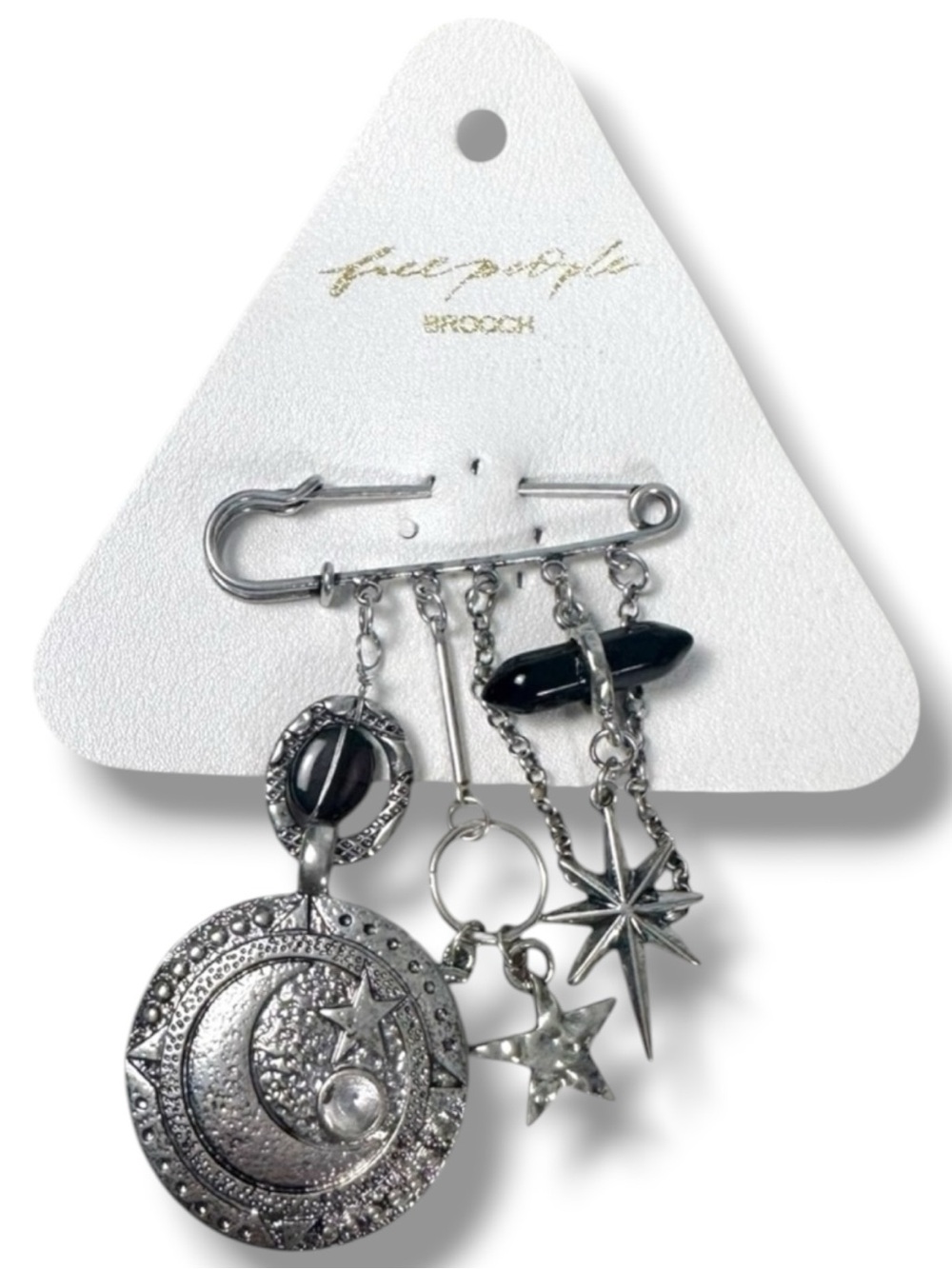 Free People Bohemian Celestial Moon Star Carry On Dangle Pin Silver Brooch NWT